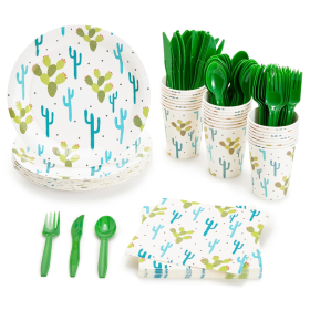 144-Pieces of Cactus Party Supplies with Succulent Plates, Napkins, Cups and Cutlery for Fiesta Party Celebration, Birthday