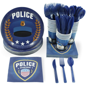 Police Party Bundle, Includes Plates, Napkins, Cups, Cutlery (24 Guests,144 Pieces)