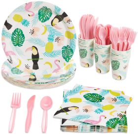 144-Piece Set of Tropical Paper Plates, Flamingo Napkins, Cups, Pink Cutlery for Hawaiian Luau Party Supplies, Summer Birthday Decorations